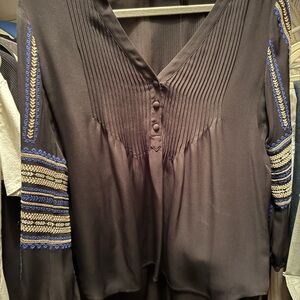 Veronica Beard Black Blouse with Blue and Gold Embroidery